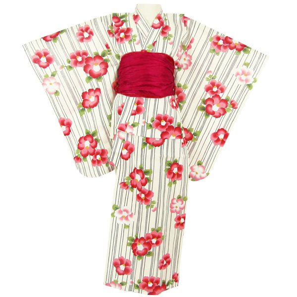画像7: 女の子ゆかた100サイズ（単品/セット） 縞に椿 (7)