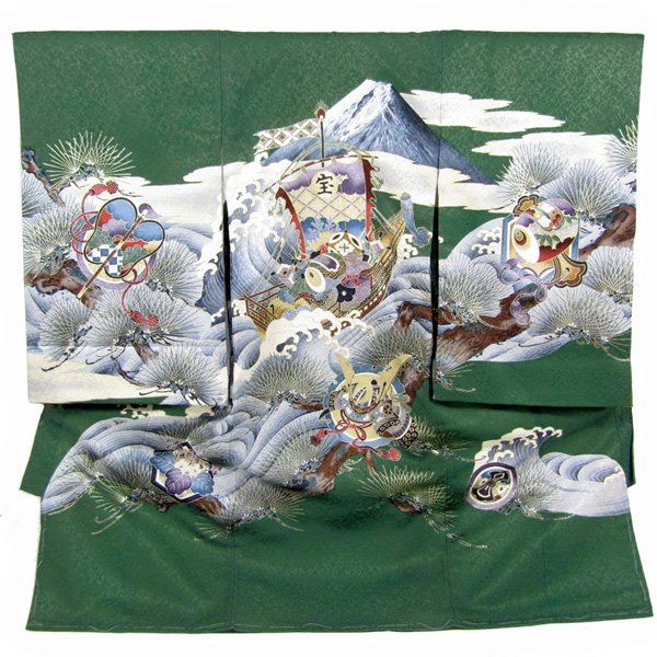 画像1: 男の子お宮参り着物（宝船 緑） (1)